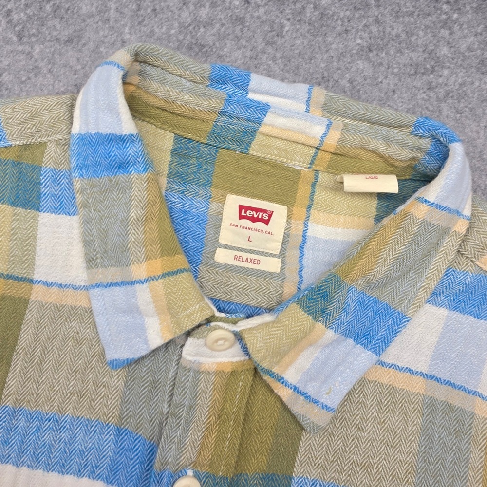 Levis Relaxed Fit Flannel Shirt Mens L Green Blue Plaid Long Sleeve Button Up - Picture 2 of 12